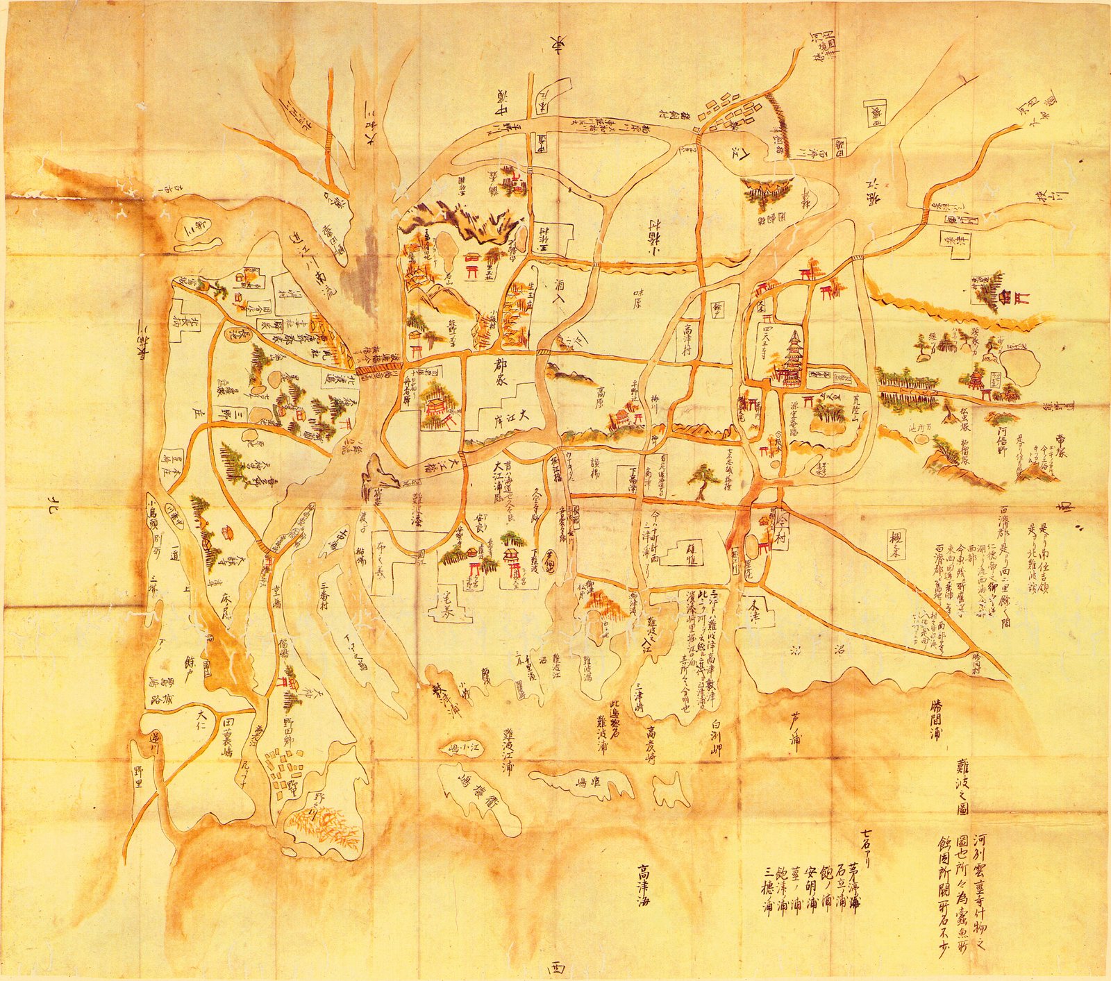 Nobody in seventh-century Naniwa drew a map. This one was made about a thousand years later, from old poems and temple records, by people guessing at a coastline nobody alive had seen. The archive holds four such guesses and no two agree.<br><br>East is at the top, so the sea is at the foot and the water sits where you expect land. Sandbars run across the bay. The only hard ground is the ridge under the pagoda, twelve kilometres long, never a kilometre wide, standing twenty metres above the silt on either side. Walk east from Tanimachi 4-chōme today and the pavement tilts up onto it.