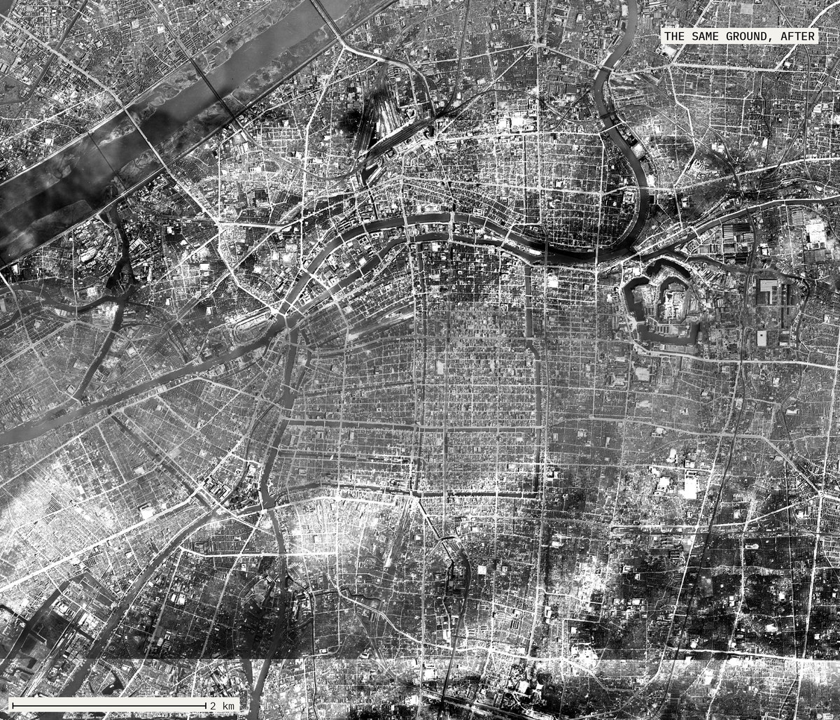 The same nine kilometres of Osaka photographed after the war. The dense grey of the built-up area has gone; the street grid is still legible across ground with almost nothing standing on it.