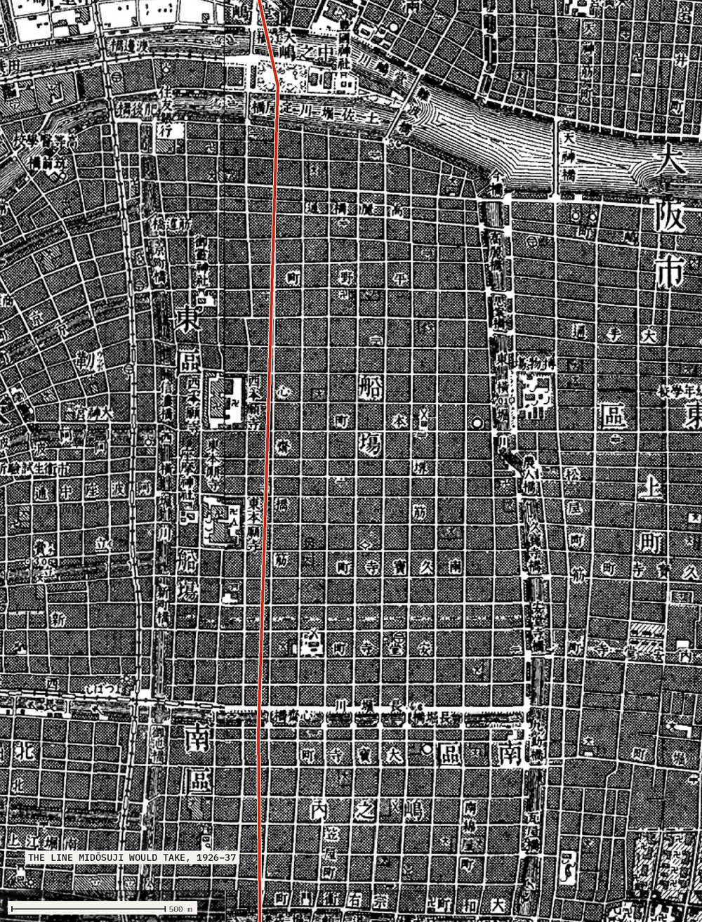 An 1892 survey map of the Semba grid, with the line Midōsuji would later take drawn across it. The line runs through the middle of the blocks, not along any street on the map.
