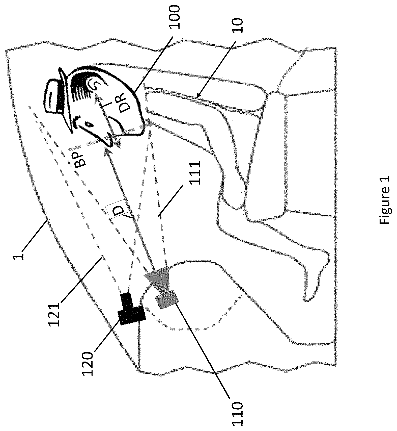 Patent figure sheet 01 — person in vehicle with camera system, rotated 90 degrees with scattered reference numbers