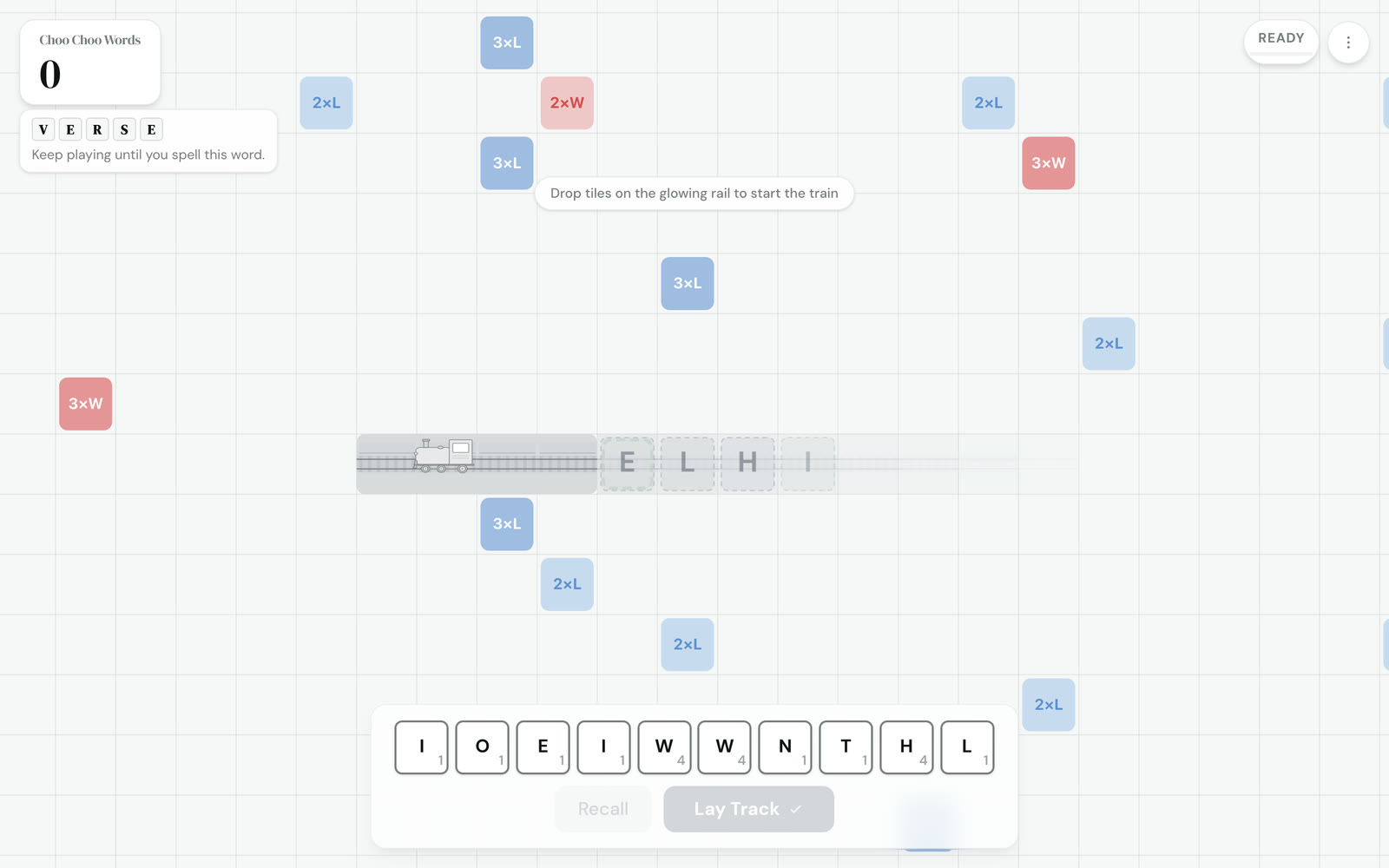 The board before the first move: the train in its station, faded hint letters on the first squares of track, premium squares marked 2×L, 3×L, 2×W and 3×W, the target word VERSE in the top left, and a rack of ten letters.