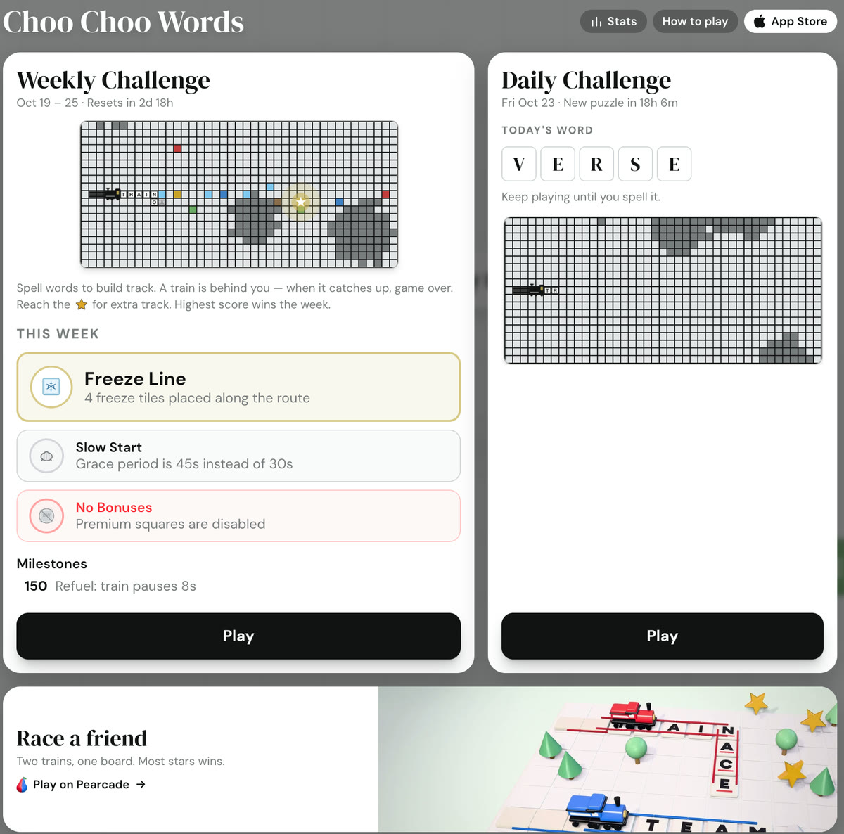 The Choo Choo Words menu: a Weekly Challenge card with a map of the board, the modifiers Freeze Line, Slow Start and No Bonuses and a milestone at 150 points, a Daily Challenge card showing today’s word VERSE, and a Race a friend card linking to Pearcade.